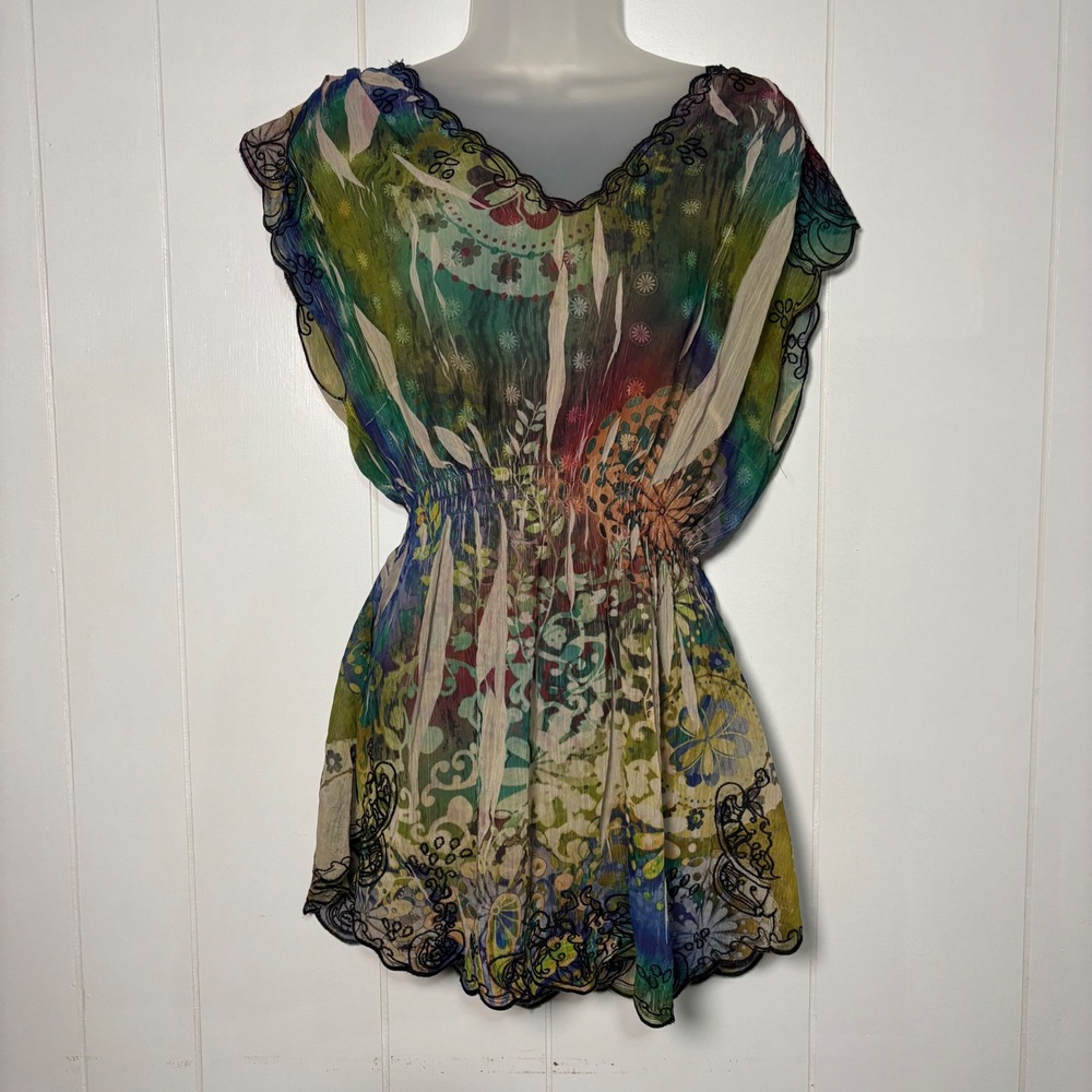 Boho Multi Color Floral Chiffon Embroidered Smocked Tunic Top Sz XL Festival